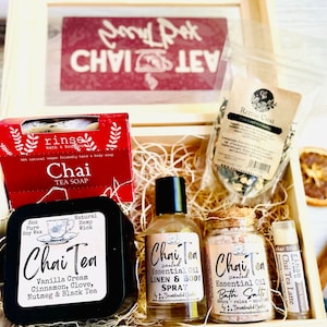 Chai Tea Deluxe Wooden Gift Box - Scent Box - Bath & Beauty gift set - Chai tea gift Set - Handmade/organic/natural - Essential Oils