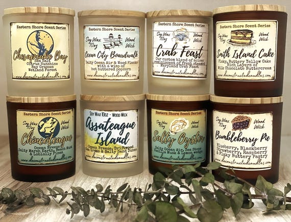 Maryland Delaware Virginia Chesapeake Bay Ocean City Chincoteague themed Candles Eastern Shore Series Soy Wood Wick Unique Gift Beach Decor