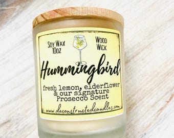Vela de soja de 10 oz - Aroma a cóctel de colibrí - Mecha de madera - Vidrio esmerilado transparente con tapa de madera