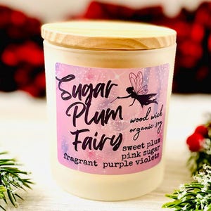 Christmas Candle Soy wax wood wick holiday themed Sugar Plum Fairy sweet plum pink sugar fragrant purple violets crackling wick fairy gift