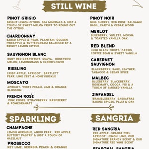 May include: A gold and black menu with a list of still wines, sparkling wines, and sangrias. The menu includes descriptions of the wines, such as the flavors and aromas. The menu is titled "Scent Menu" and is divided into three sections: Still Wine, Sparkling, and Sangria.