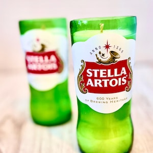 Beer candle Stella Artois Bottle soy wax recycled beer bottle candle Custom Beer Scent or choose from 3 masculine themed scents mancave