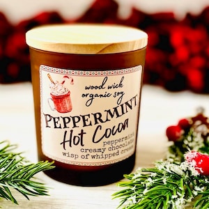 Christmas Candle Soy wax wood wick holiday themed Peppermint Hot Cocoa Scent Peppermint Candle Chocolate scents peppermint gift wood wick