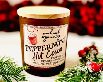 Christmas Candle Soy wax wood wick holiday themed Peppermint Hot Cocoa Scent Peppermint Candle Chocolate scents peppermint gift wood wick