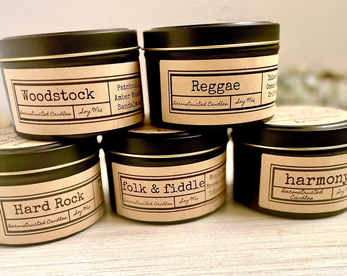 Music Inspired Candle Tins - Soy Wax - choose your scent option - deconstructed candles