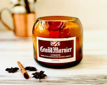 Spiced Orange Cognac Candle - Grand Marnier Bottle - wood “wave” wick - organic soy wax