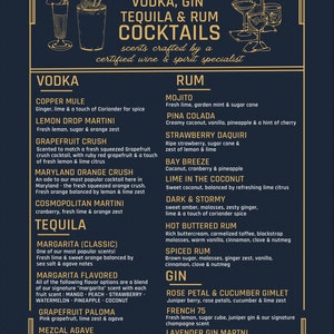 May include: A gold and black menu with a dark blue background listing various cocktails and their ingredients. The menu is titled "Scent Menu" and features cocktails made with vodka, gin, tequila, and rum.