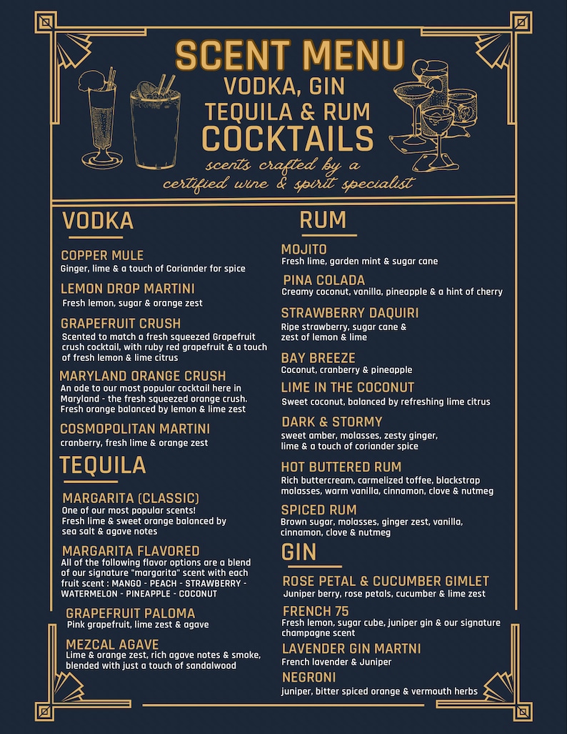 May include: A gold and black menu with a dark blue background listing various cocktails and their ingredients. The menu is titled "Scent Menu" and features cocktails made with vodka, gin, tequila, and rum.