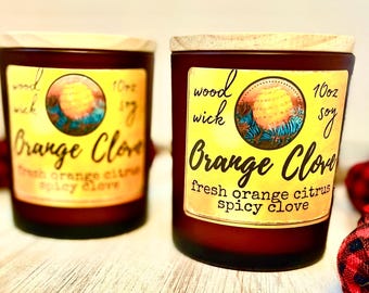 Orange Clove Christmas Candle, Soy Wax Wood Wick, Holiday Scent