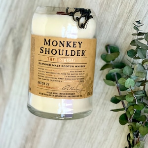 SOY Scotch candle - Monkey Shoulder Scotch Bottle - “smoked scotch” scent - Wooden Wave Wick - soy wax