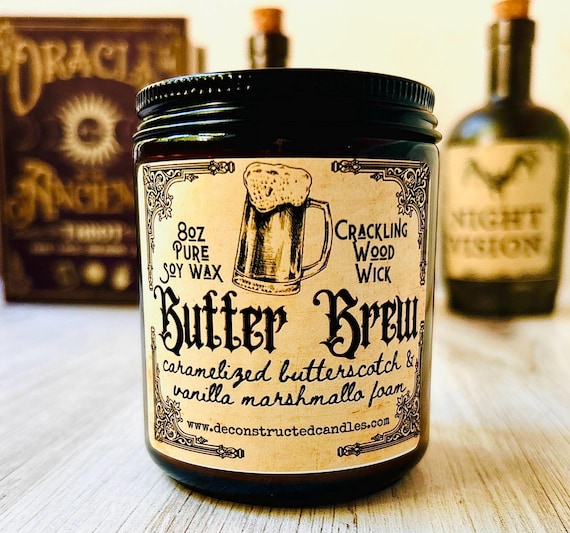 Halloween soy candle wood wick "Butter Brew" wizard candle gothic Candle choose your Halloween Scent book candle scents book decor wizard