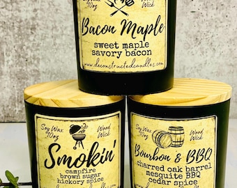 Meat lovers soy candles wood wick bbq smokin bacon maple unique gifts for men grill bbq gifts man candles black candle manly scents for him