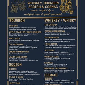 May include: A gold and black menu with the title "Scent Menu" and a list of different drinks and their scents. The drinks are categorized by Bourbon, Whiskey/Whisky, Scotch, and Cognac. Each drink has a description of its scent profile.