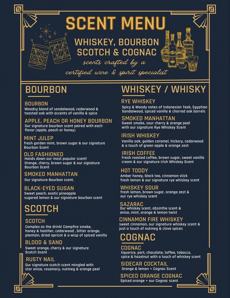 May include: A gold and black menu with the title "Scent Menu" and a list of different drinks and their scents. The drinks are categorized by Bourbon, Whiskey/Whisky, Scotch, and Cognac. Each drink has a description of its scent profile.