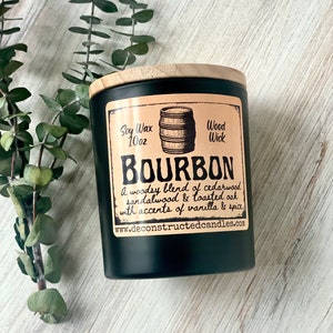 Handcrafted Bourbon Scented Candle soy candle wood wick rich vanilla bourbon barrel cozy candle gift for mancave bar decor