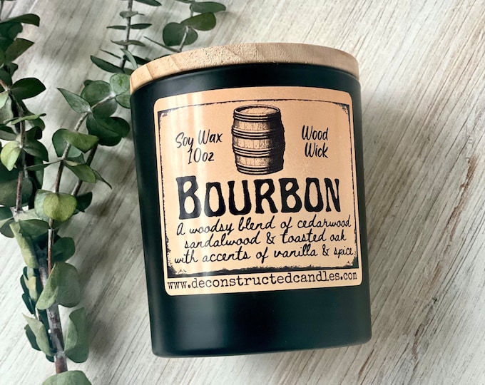 Handcrafted Bourbon Scented Candle soy candle wood wick rich vanilla bourbon barrel cozy candle gift for mancave bar decor