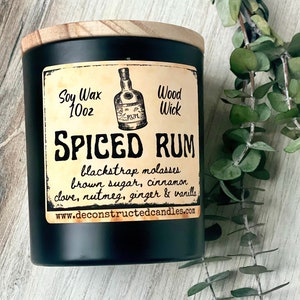 10oz SOY Candle- Spiced Rum Scent - Wood Wick - Frosted matte black container with wood lid