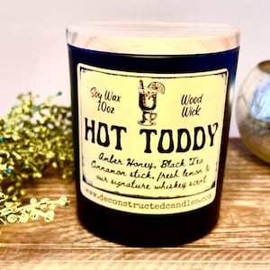 Hot toddy whiskey candle soy wood wick black glass tea scent vanilla scent whiskey scent mancave bar decor man candle 10oz whiskey gift