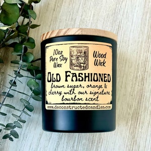 10oz SOY Candle- Old Fashioned Scent - Wood Wick - black glass votive with bamboo lid