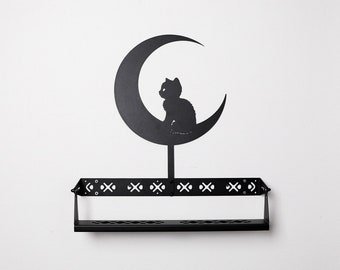 Scaffale galleggiante in metallo gatto sulla luna, arte da parete, scaffale per libri, grande luna, decorazione da parete, gatto nero, libro, libro, amante, regalo, decorazione della camera dei bambini