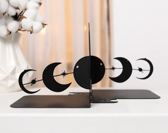 Bookends Moon Phase Boho Bookend Phase of Moon Black Metal Unique Shelf Decor Lunar Home Decoration Astrology Gift Black Metal Black Holder