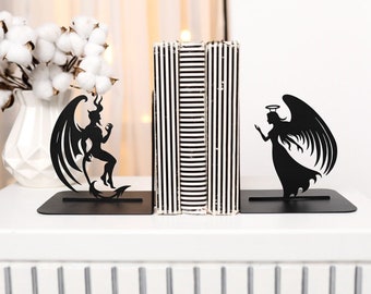 Angel and Devil Bookends, Black Metal Book Ends, Unique Home Decor
