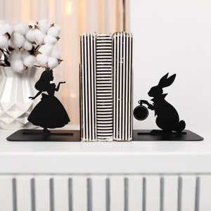 Bookends Alice in Wonderland Metal Book End Alice and White Rabbit Fantasy Bookend Wonderland Unique Home Decor Book Lover Gift for Kids
