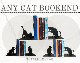 Bookends Set Black Cats, Gift for Book Lovers, Cute Metal Art Bookshelf Decor, Animal Pets Fun Bookend, Metal Two Cats Unit Book Ends Stand