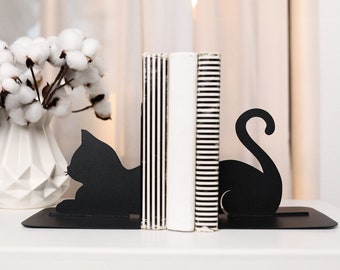 Book Lover Gift Bookend Cat Metal Black Bookends Unique Bookshelf Decor Cute Book End Cat Book Stand Home Library Decoration Book Holder