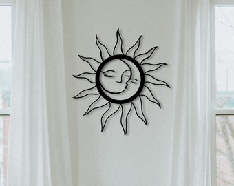 Metal Wall Art Sun and Moon Minimalist Line Art Modern Room Wall Decor Unique Wall Hanging Boho Living Room Decoration Mothers Day Gift