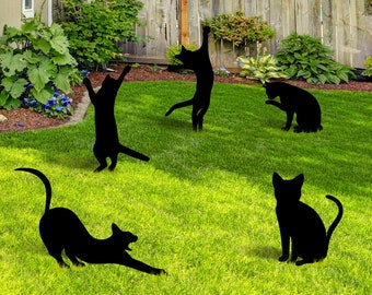 Outdoor Metal Art Cats Black, Cat Gardn Stakes Yard Decor, Set of Cats Cute Backyard House Decoration, Fun Lawn Ornaments Cat Lovers Gift