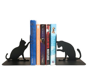 Cute bookends black cats, Book ends art cat lovers gifts, bookshelf metal cat owner unique gift decor, book stopper kitty room storage decor