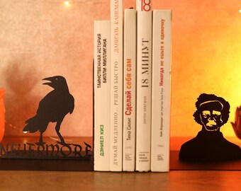 Book Lover Gift Edgar Allan Poe Bookends Metal Bookshelf Decor Raven Bookend Nevermore Gothic Book End Crow Unique Bird Art Bookworms Gift