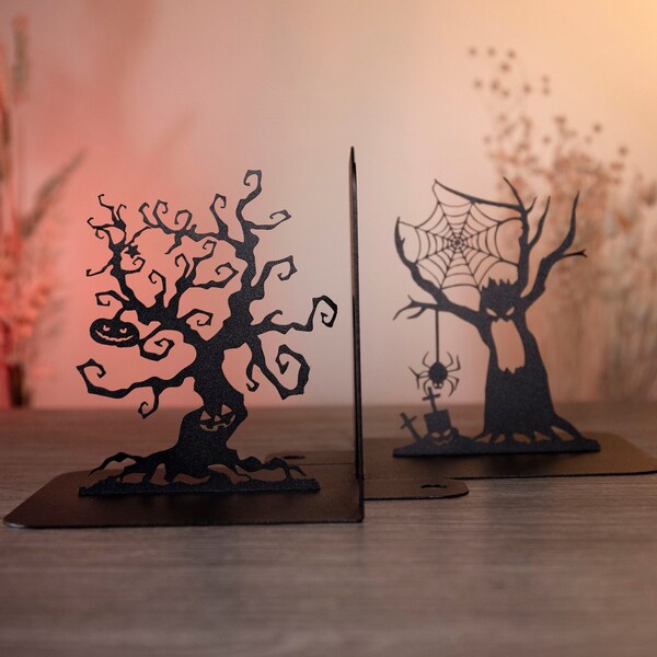 Bookends Spooky Trees Black Metal Unique Art Halloween Decorations Scary Tree Book Ends Gothic Bookshelf Decor Horror Forest Book Lover Gift