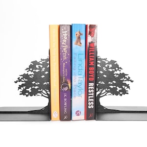 Old Tree Bookends set, Unique Black Art Nature book lover gifts, Bookshelf wood metal decor, Tree of life bookend shelf decorations library