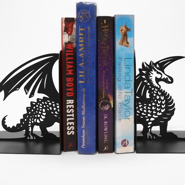 Book Lover Gift Dragon Metal Bookends Set Fantasy Book End Unique Bookworm Gifts Buchstützen Drache Steel Bookshelf Fantasy Room Decor