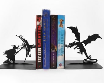 Book Lover Gift Bookends Dragon Wizard Metal Art Decor Unique Home Library Fantasy Room Decoration Magician Book Ends Lord of Rings