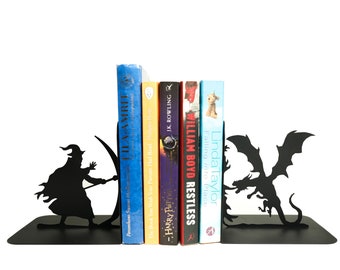 Dragon Bookends , Magic Wizard Bookend Set, Fantasy Book ends Dragons, Unique Gifts for Boys Book Lover, Holder Fairytale Gandalf Lotr Kids