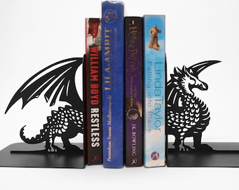 Book Lover Gift Dragon Metal Bookends Set Fantasy Book End Unique Bookworm Gifts Buchstützen Drache Steel Bookshelf Fantasy Room Decor