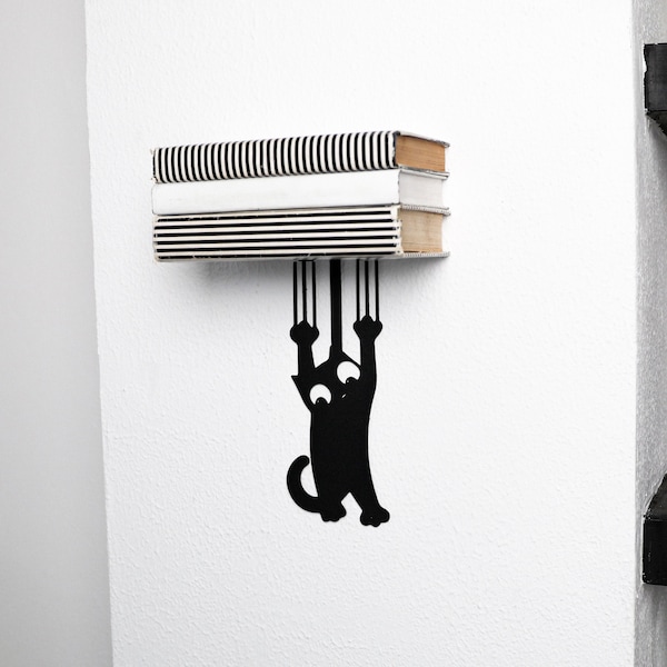 Wall Bookshelf Cat Wall Decor Floating Book Shelf Hidden Book Storage Fun Wall Art Wall Hanging Shelving Metal Bookshelf Book Lover Gift