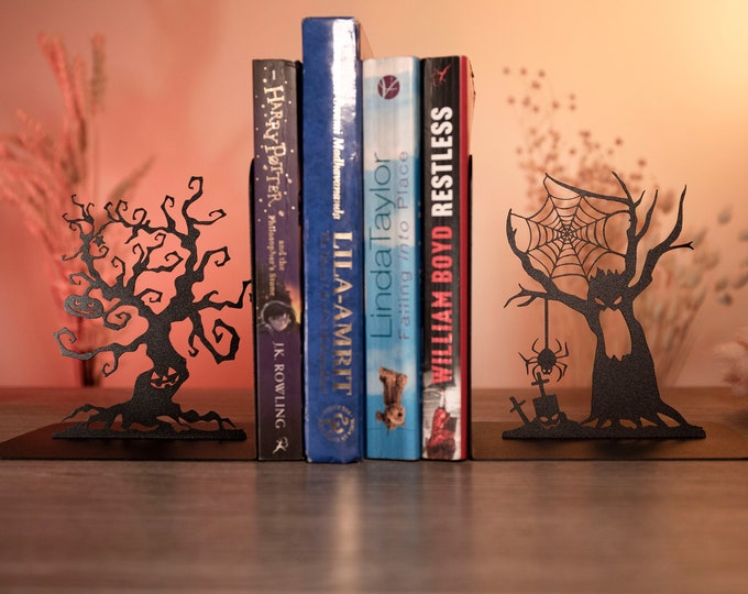 Bookends Spooky Trees Black Metal Unique Art Halloween Decorations Scary Tree Book Ends Gothic Bookshelf Decor Horror Forest Book Lover Gift