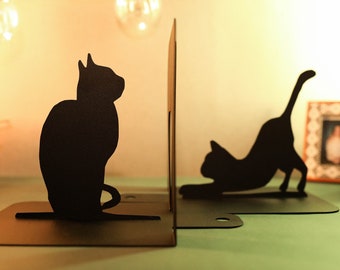 Book Lover Gift Cat Bookends Black Metal Book Ends Cats Unique Art Cute Bookend Cat Room Decor Black Cat Book Stand Home Library Decoration