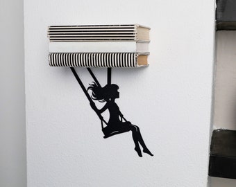Wall Bookshelf Girl on Swing Art Wall Mount Floating Book Shelf Black Metal Invisible Book Shelf Hidden Book Storage Unique Decoration Home