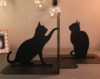 Bookend Cats Black Metal Art, Unique Book end Cute Cat, Gift for Book Lovers Decor, Book Shelf Decor Animal, Bookends Cat Owner Gifts Kitty