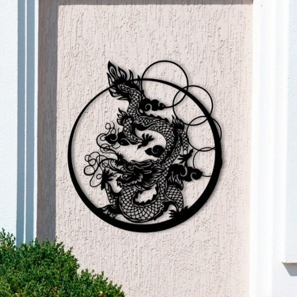 Metal Wall Decor Round Chinese Dragon Modern Home Decor Asian Oriental Wall Art Living Room Black Wall Hangings Minimalist Line Art Fantasy