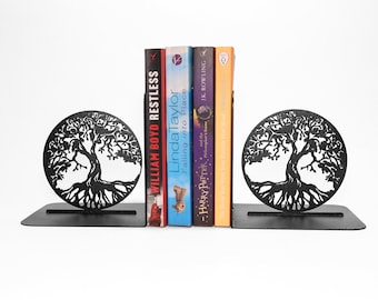 Tree of Life Bookends, Unique Black Trees Book ends Set, Knowledge Tree Roots Bookshelf Decor, Booklover Library Room Gifts Metal Storage