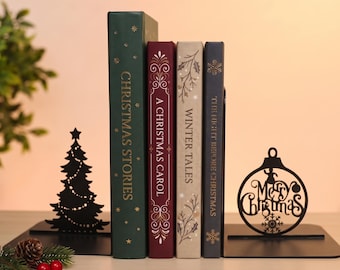 Christmas Bookends, Metal Book Holder, Holiday Bookshelf Decor Gift