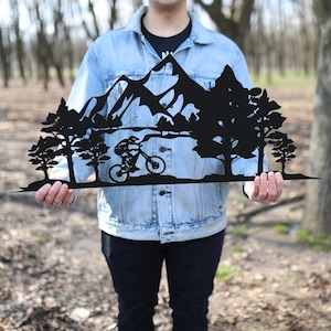 Metal Wall Art Bicyclist in the Mountains Home Metal Modern Wall Decor Outdoor Indoor Wall Hangings Sport Rider Biker Housewarming Gift