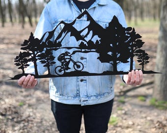 Metall Wand Kunst Radfahrer in den Bergen Haus Metall Moderne Wand Dekor Outdoor Indoor Wandbehänge Sport Reiter Biker Housewarming Geschenk