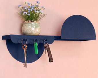 Wavy Metal Floating Shelf with Key Hooks: Geometric Wall Entryway Organizer